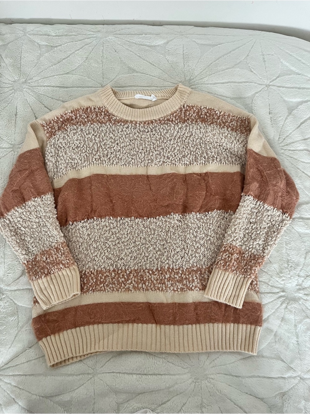 All in Favor Beige and Rust Striped Crewneck Sweater